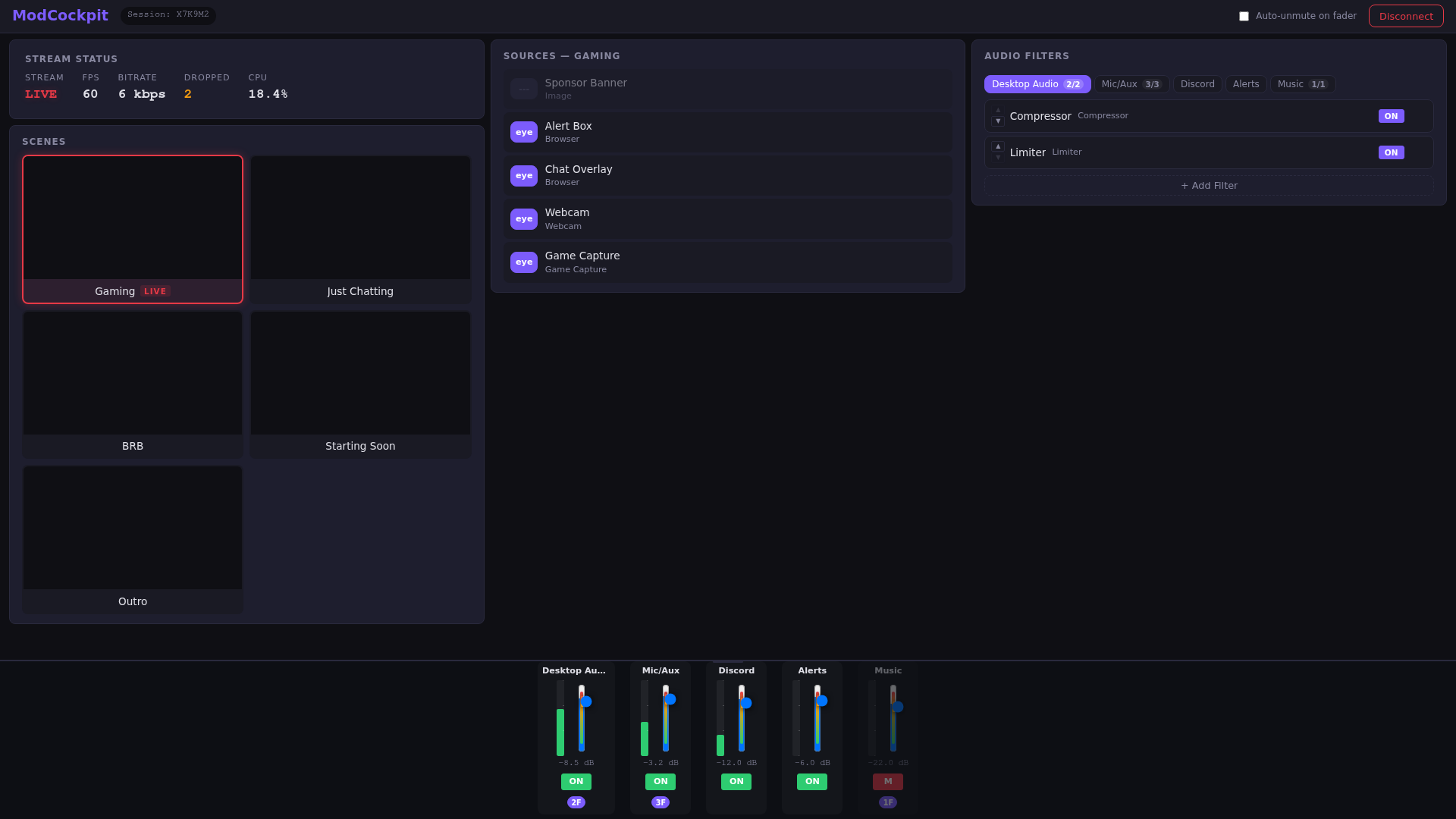 ModCockpit Dashboard – Szenen mit LIVE-Badge, Quellen, Audio-Filter und Stream-Status