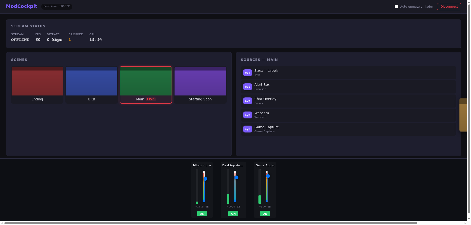 Dashboard mit Webcam-Vorschau und Audio-Mixer mit VU-Metern